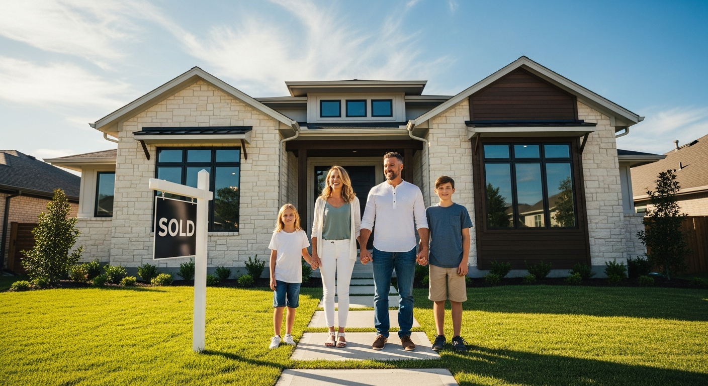 Happy family in front of home